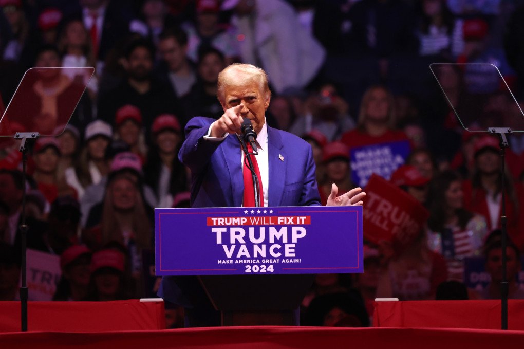Republican presidential nominee Donald Trump speaks at a campaign rally at Madison Square Garden on October 27, 2024 in New York City. (Source: Getty Images) Republican presidential nominee Donald Trump speaks at a campaign rally at Madison Square Garden on October 27, 2024 in New York City. (Source: Getty Images)