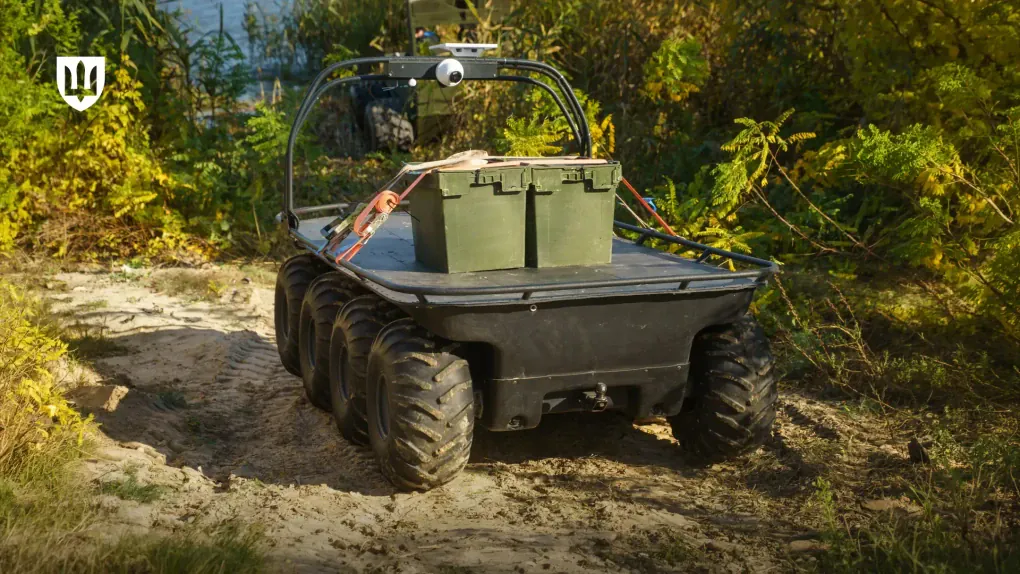 An amphibious unmanned ground vehicle carrying cargo during testing on land. (Source: Ukraine’s Ministry of Defence) An amphibious unmanned ground vehicle carrying cargo during testing on land. (Source: Ukraine’s Ministry of Defence)