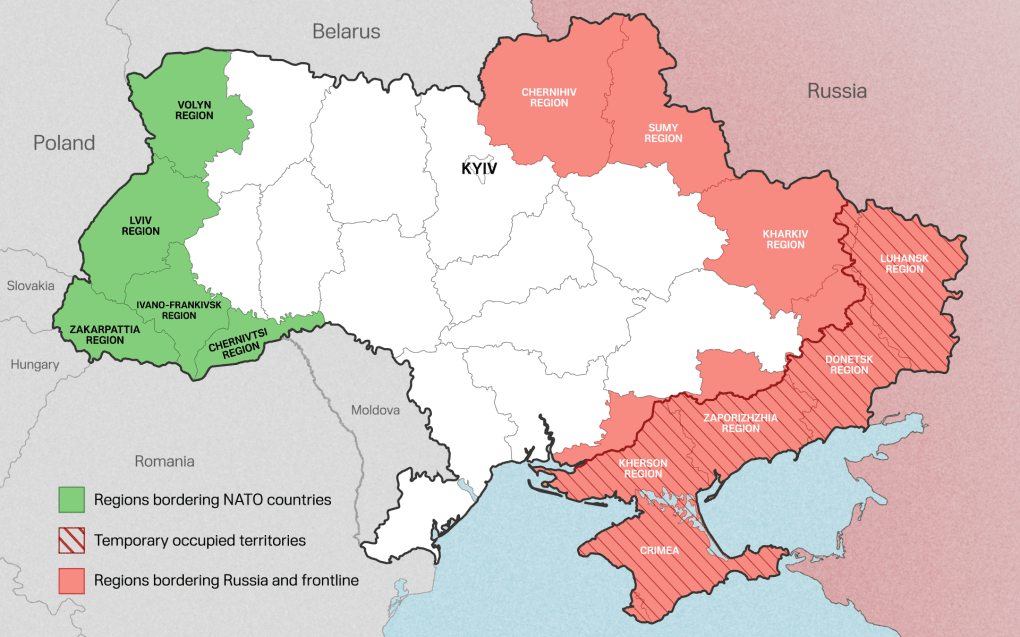 The map shows Ukrainian regions bordering Russia and NATO countries. (Source: UNITED24 Media) The map shows Ukrainian regions bordering Russia and NATO countries. (Source: UNITED24 Media)