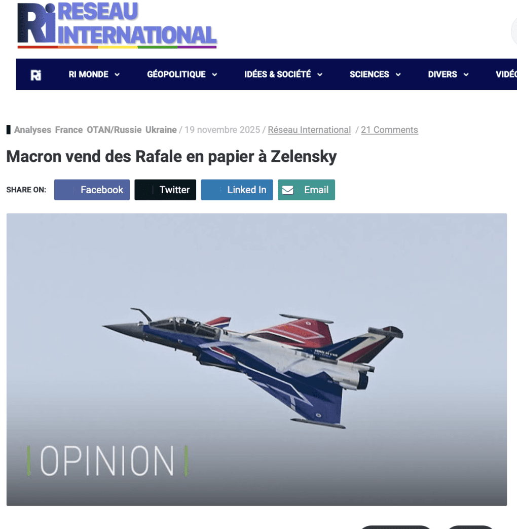 French outlet Réseau International publishing article under the headline (translated into English): “Macron sells paper Rafales to Zelenskyy.”