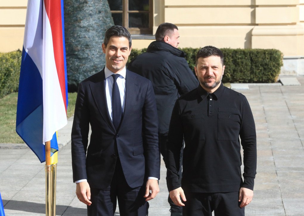 President of Ukraine Volodymyr Zelenskyy (R) and Prime Minister of the Netherlands Rob Jetten, who is on an official visit, pose for a photo during a welcome ceremony at the Mariinskyi Palace in Kyiv, Ukraine, March 8, 2026. (Photo by Volodymyr Tarasov via Getty Images) President of Ukraine Volodymyr Zelenskyy (R) and Prime Minister of the Netherlands Rob Jetten, who is on an official visit, pose for a photo during a welcome ceremony at the Mariinskyi Palace in Kyiv, Ukraine, March 8, 2026. (Photo by Volodymyr Tarasov via Getty Images)