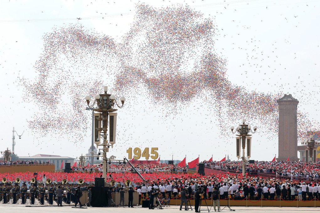 Balloons and doves released over Tiananmen Square during China’s military parade marking the 80th anniversary of the end of World War II, September 3, 2025. (Source: Getty Images)
