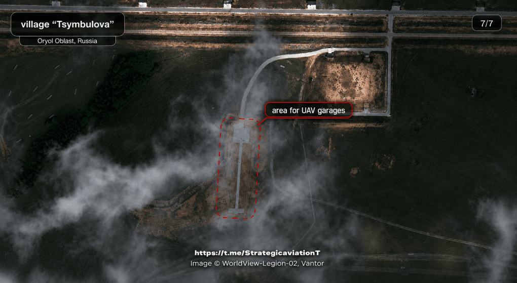 Satellite image showing a new area for UAV garages at Russia’s Tsymbulova drone base in Oryol region. (Source: Strategic Aviation) Satellite image showing a new area for UAV garages at Russia’s Tsymbulova drone base in Oryol region. (Source: Strategic Aviation)