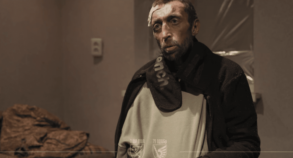 A captured Russian soldier, Mikhail Krasnachokov, taken by paratroopers of Ukraine’s 79th Brigade. (Source: screenshot of Ukraine’s 79th Brigade video)