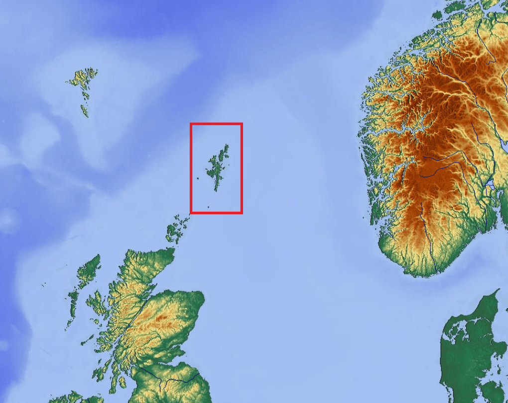Shetland (boxed) in relation to surrounding territories, including Norway (to the east), the Faroe Islands (to the north west), and Orkney and the rest of the British Isles (to the south west). (Source: Wikimedia) Shetland (boxed) in relation to surrounding territories, including Norway (to the east), the Faroe Islands (to the north west), and Orkney and the rest of the British Isles (to the south west). (Source: Wikimedia)