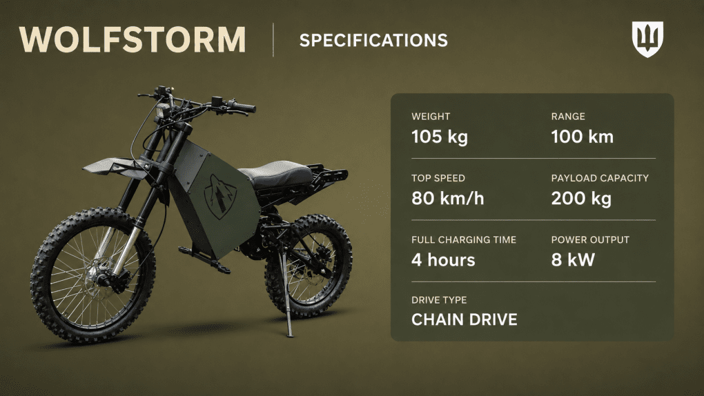 Wolfstorm electric motorcycle with military-style design, showing key specifications. (Source: Ministry of Defense) Wolfstorm electric motorcycle with military-style design, showing key specifications. (Source: Ministry of Defense)