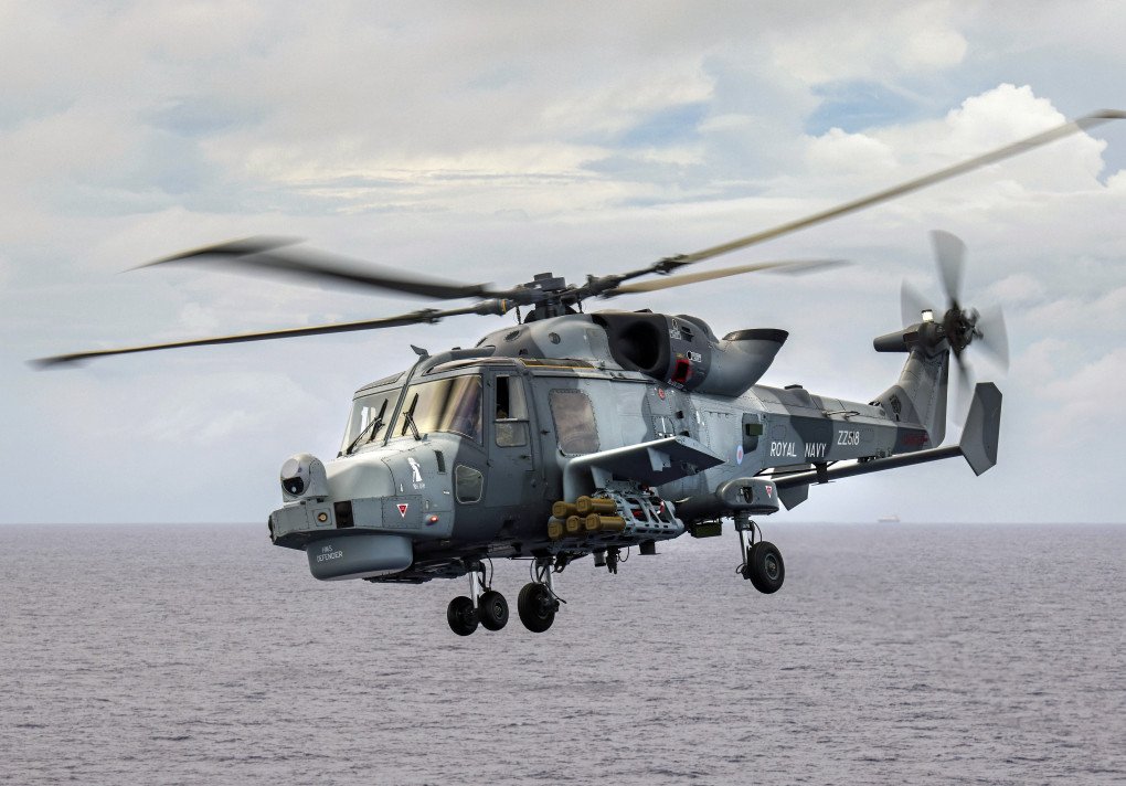 HMS Defender's Wildcat HMA Mk 2 helicopter conducts flying sorties with its Martlet missiles attached whilst in the Indo-Pacific region.