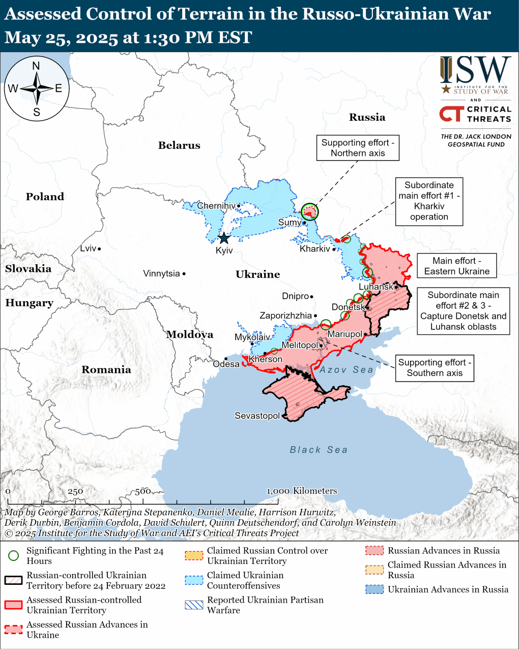Current frontlines and territorial control in Ukraine as of May 25, 2025, showing Russian advances and areas of active fighting. (Source: ISW) Current frontlines and territorial control in Ukraine as of May 25, 2025, showing Russian advances and areas of active fighting. (Source: ISW)