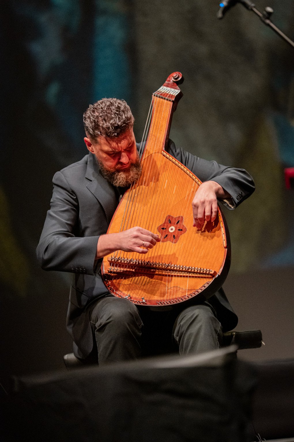 A musician performs on the bandura during the opening night of Le Voyage en Ukraine (Source: Mathis Queraux / Ukrainian Institute in France)