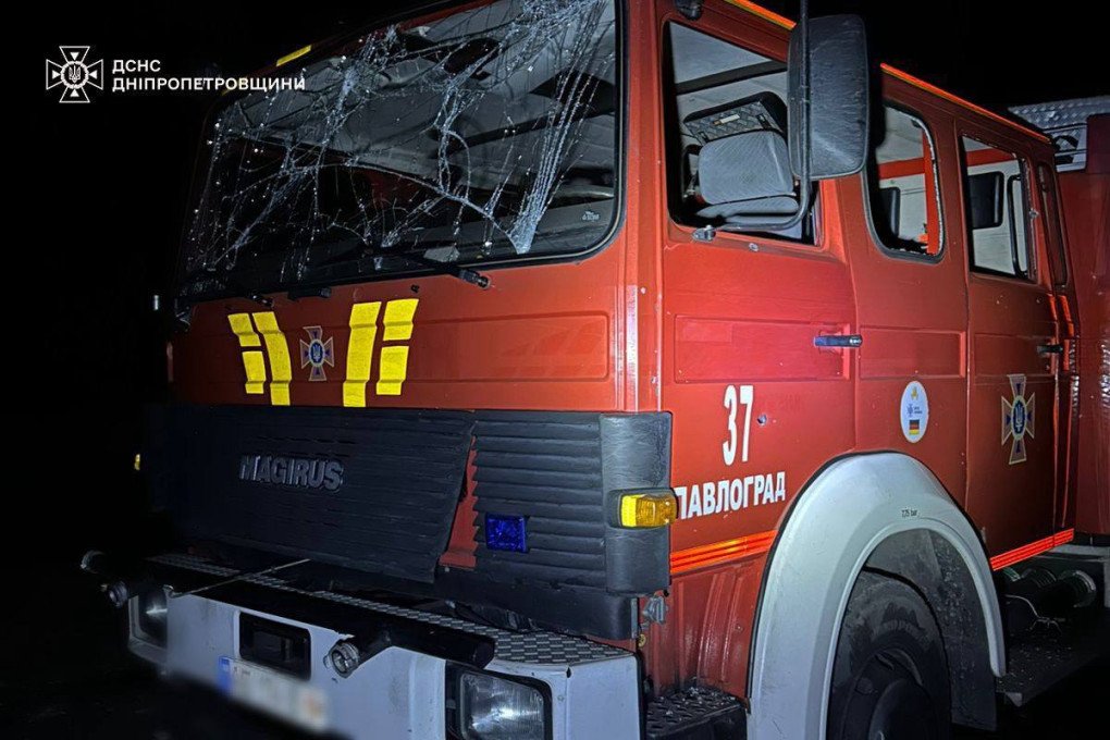 A fire truck in Pavlohrad with a shattered windshield after a Russian strike on Dnipropetrovsk region. (Source: DSNS Dnipropetrovshchyny)