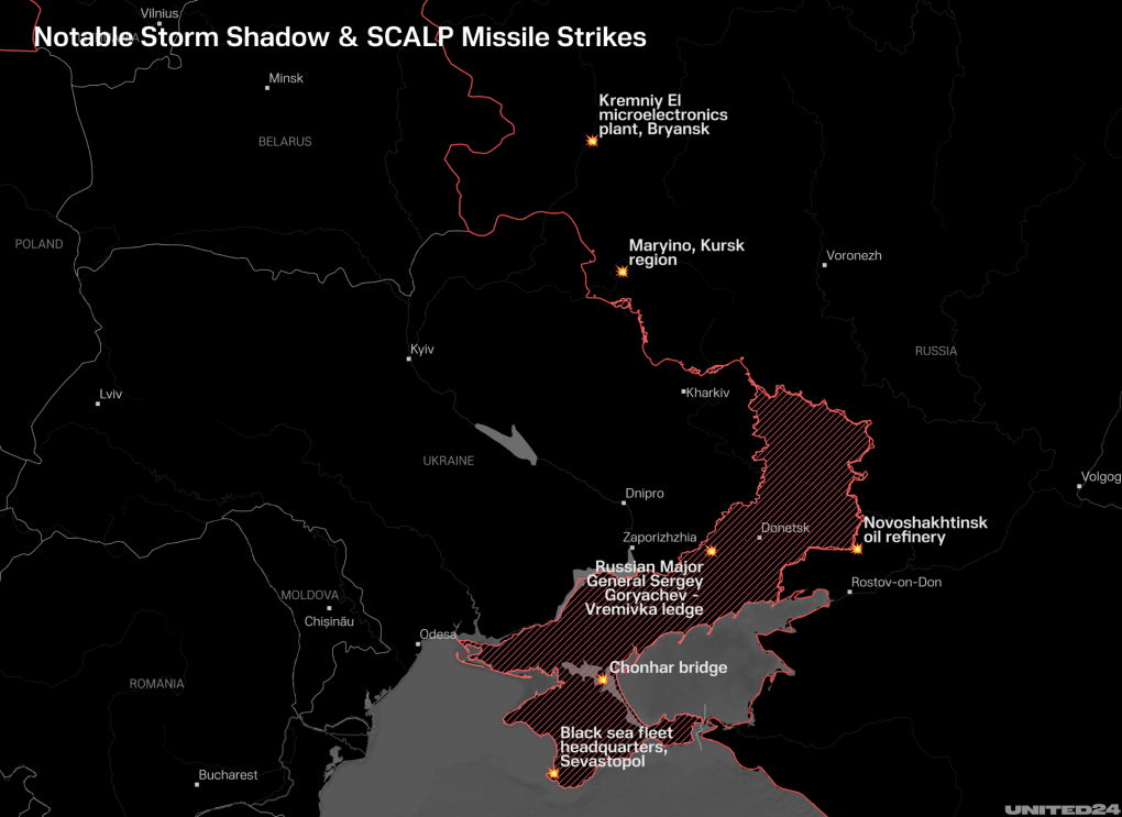 The range and impacts of the strikes demonstrate the missile's capabilities. Illustration: UNITED24 Media Map of notable Storm Shadow/SCALP strikes on Russian targets.