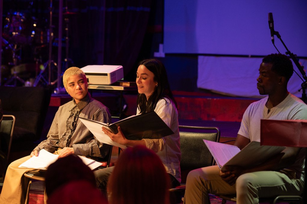 b, Ismenia Mendes, and Jason Bowen during the February 24, 2025, “Diary of War” theater reading. Photo: Anastasiia Krasheninnikova b, Ismenia Mendes, and Jason Bowen during the February 24, 2025, “Diary of War” theater reading. Photo: Anastasiia Krasheninnikova
