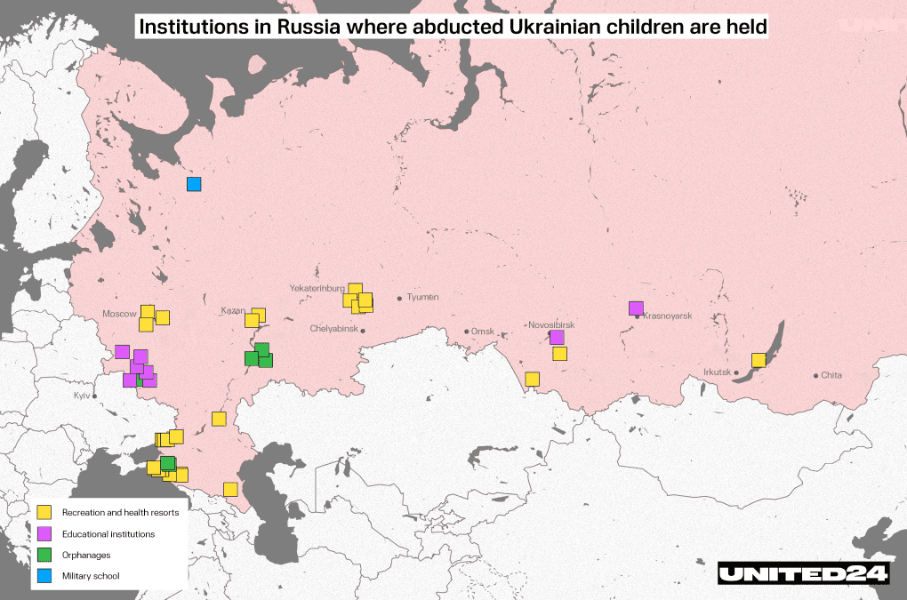 A map of institutions across Russian-occupied Ukrainian territories where abducted children are held, according to SBU intelligence. Facilities range from so-called “health resorts” and orphanages to military schools—part of Russia’s systematic effort to erase Ukrainian identity and sever children from their families and homeland. A map of institutions across Russian-occupied Ukrainian territories where abducted children are held, according to SBU intelligence. Facilities range from so-called “health resorts” and orphanages to military schools—part of Russia’s systematic effort to erase Ukrainian identity and sever children from their families and homeland.