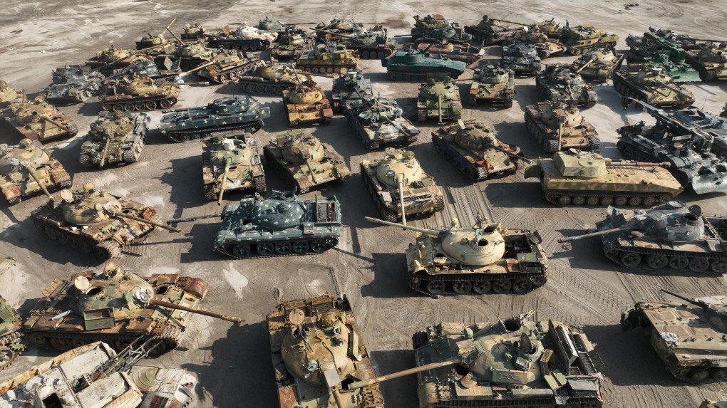 An aerial view of armored vehicles that were seized from the Assad regime by opposition forces in Idlib, Syria, on November 27, 2025. (Source: Getty Images)