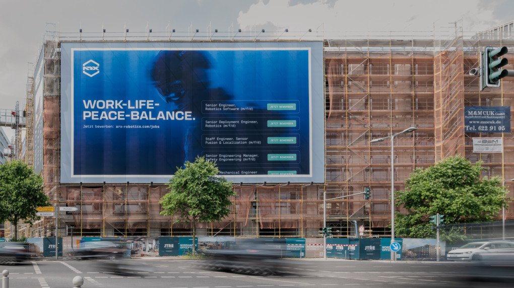 ARX Robotics advertising campaign displayed on a construction site in Germany as the company expands its operations and manufacturing capacity across Europe. (Source: ARX Robotics)