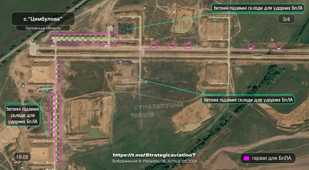 A detailed satellite view focusing on the excavation of large, square pits intended for underground concrete bunkers, flanked by rows of smaller surface-level drone garages. (Source: Strategic Aviation of the Russian Federation) A detailed satellite view focusing on the excavation of large, square pits intended for underground concrete bunkers, flanked by rows of smaller surface-level drone garages. (Source: Strategic Aviation of the Russian Federation)