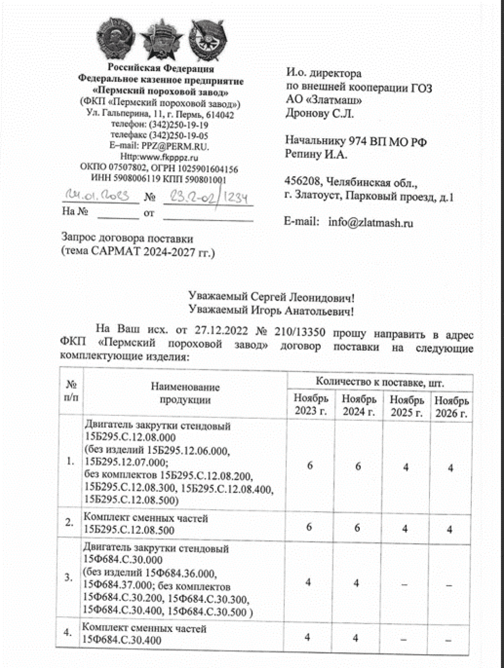 Cooperation between the Perm Powder Plant and JSC Zlatmash on the RS-28 Sarmat program in 2023–2026.