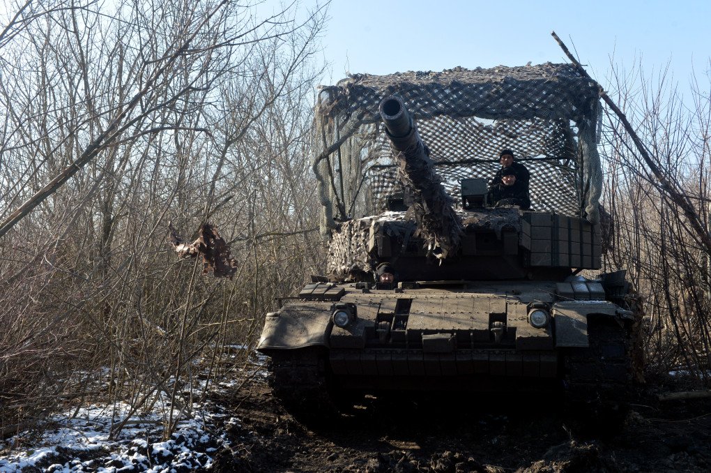Soldiers man a tank as the 1st Tank Battalion of Ukraine’s 5th Heavy Mechanized Brigade, equipped with Leopard 1A5 tanks, serves in the Kurakhove and Pokrovsk directions in the Donetsk region, on February 9, 2025. (Source: Getty Images)