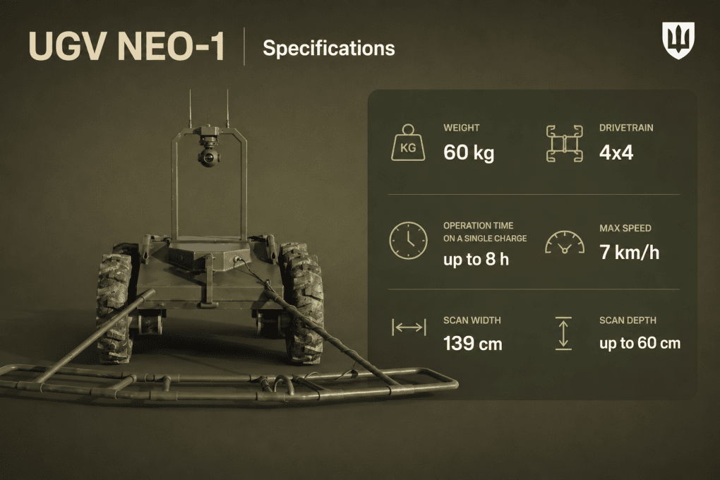 Infografía oficial con las especificaciones técnicas del complejo robótico terrestre NEO-1. (Foto: Ministerio de Defensa de Ucrania) Infografía oficial con las especificaciones técnicas del complejo robótico terrestre NEO-1. (Foto: Ministerio de Defensa de Ucrania)