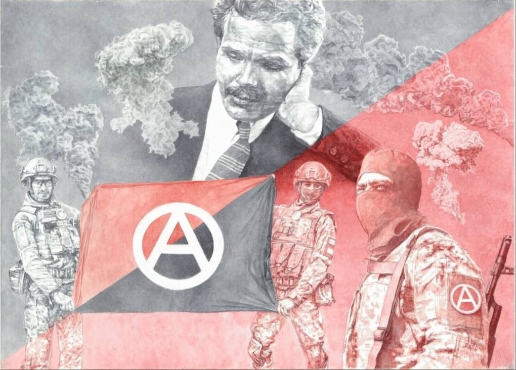 David Chichkan’s work “Nestor Makhno and modern anarchists, internationalist volunteers in the ranks of the Ukrainian defense forces”, watercolor. Source: davidchichkan/Instagram 