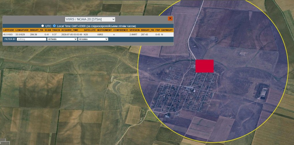 Satellite imagery detects a fire at the Zymyne 10/35/10 kV power substation in occupied Crimea on July 5, 2026. (Source: NASA FIRMS)