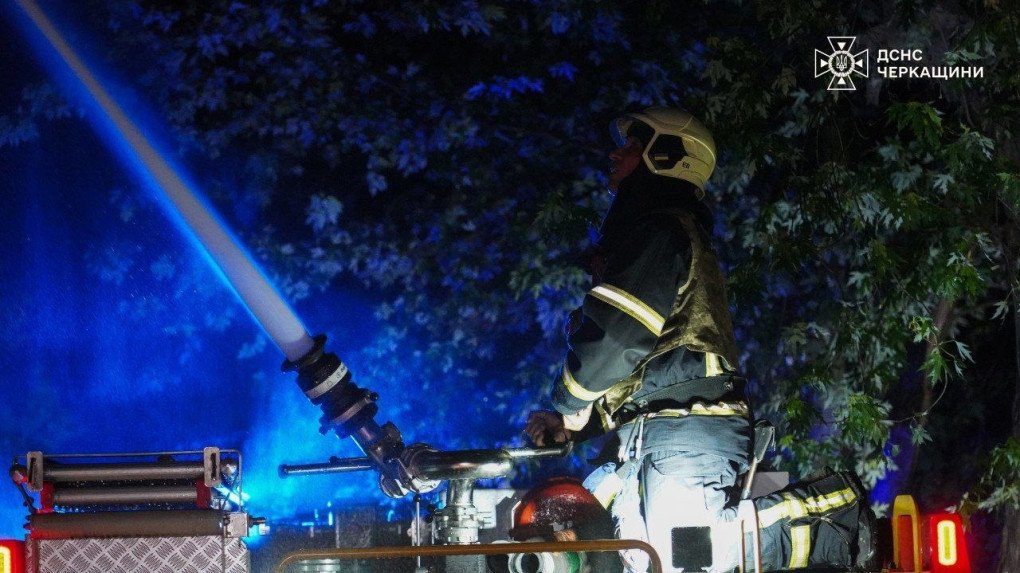 A firefighter works to extinguish a blaze in Cherkasy following Russia’s overnight attack on May 24.