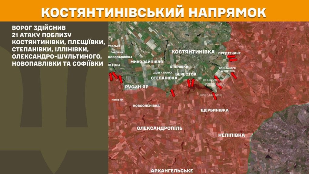 Mapa del frente de Kostyantynivka mostrando numerosos asaltos rusos alrededor de la ciudad y pueblos cercanos.