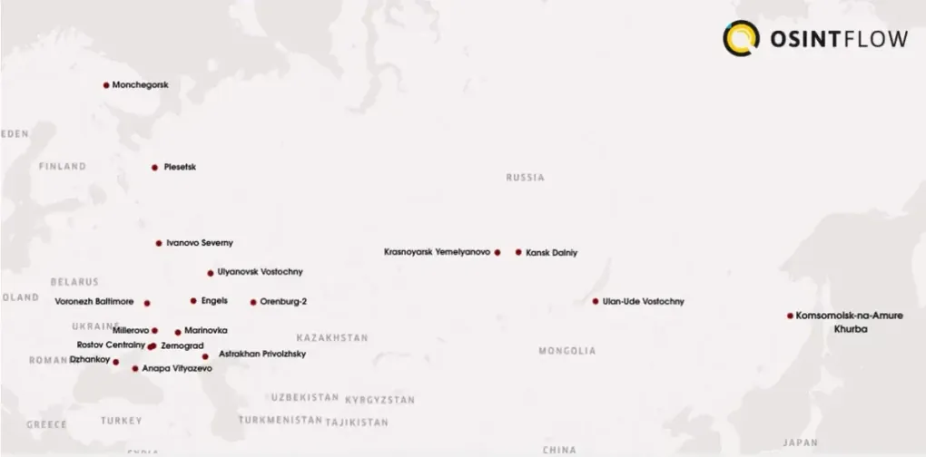 Mapa que muestra las bases aéreas rusas mencionadas en el documento filtrado sobre seguridad aérea, con incidentes registrados en varias regiones, desde el oeste de Rusia hasta el Lejano Oriente. (Fuente: OsintFlow)