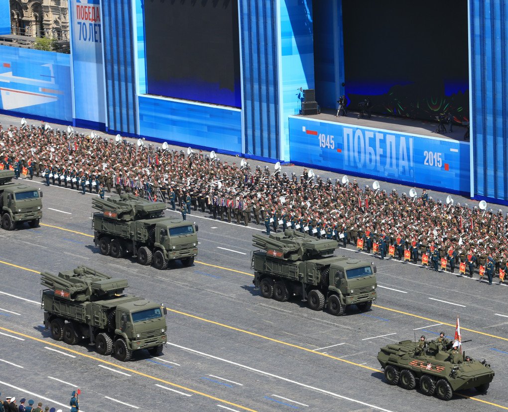A BTR-82A armored personnel carrier and a Pantsir-S self-propelled surface-to-air missile system during the military parade on May 9, 201,5 in Moscow, Russia. (Source: Getty Images) A BTR-82A armored personnel carrier and a Pantsir-S self-propelled surface-to-air missile system during the military parade on May 9, 201,5 in Moscow, Russia. (Source: Getty Images)
