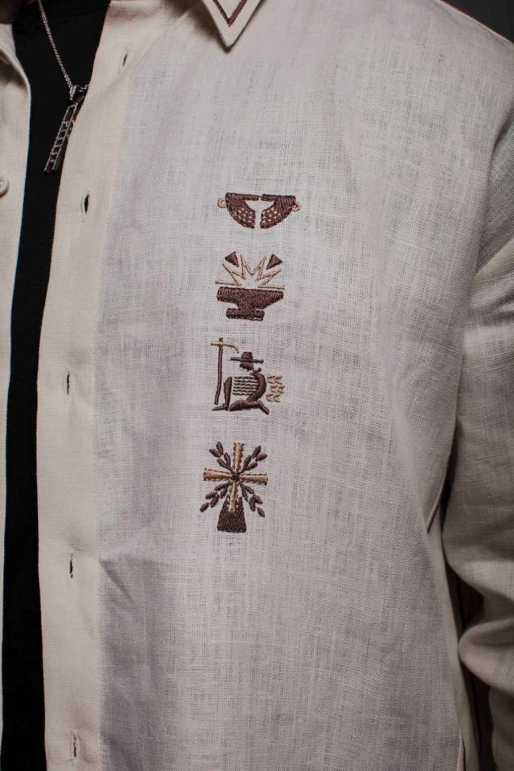 A close-up of the Career Ladder shirt, featuring embroidered motifs representing traditional Ukrainian occupations. (Source: Ian Treherne) A close-up of the Career Ladder shirt, featuring embroidered motifs representing traditional Ukrainian occupations. (Source: Ian Treherne)