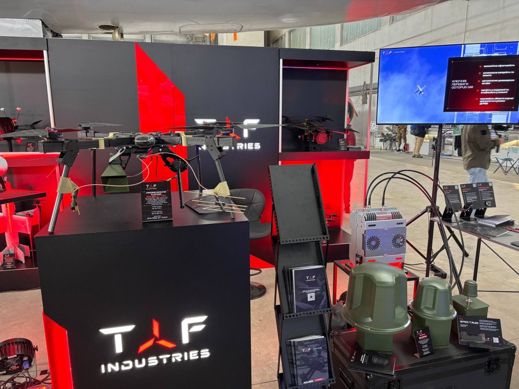 TAF Industries stand, presenting multiple drones and EW systems, May 1, 2026. (Source: UNITED24 Media/Vladyslav Litnarovych)