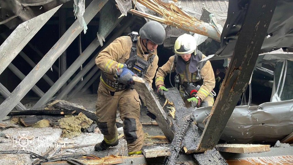 Photo from the site of the drone strike at the perinatal center in Sumy. (Source: State Emergency Service of Ukraine)