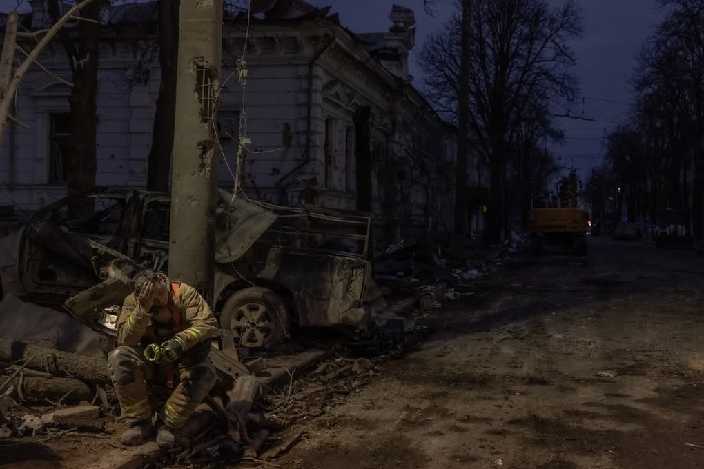 A firefighter pauses at the site of a Russian strike as emergency crews respond to damage. (Source: Roman Pilipey/Instagram) A firefighter pauses at the site of a Russian strike as emergency crews respond to damage. (Source: Roman Pilipey/Instagram)