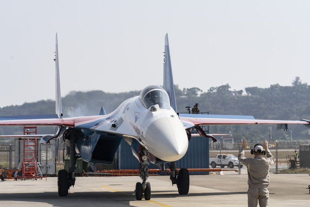 A Russian Sukhoi SU-27 fighter taxis on the tarmac during the China International Aviation &amp; Aerospace Exhibition in Zhuhai, China, on Nov. 12, 2024. Photographer: Qilai Shen/Bloomberg via Getty Images