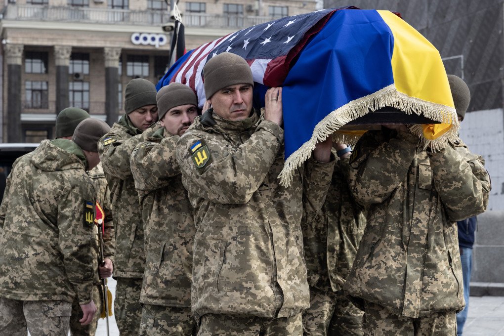 US Marine Corps veteran Ethan Hertweck's coffin is carried by Ukrainian military during a memorial service on February 28 2025 in Kyiv, Ukraine. (Photo by Paula Bronstein / Getty Images) US Marine Corps veteran Ethan Hertweck's coffin is carried by Ukrainian military during a memorial service on February 28 2025 in Kyiv, Ukraine. (Photo by Paula Bronstein / Getty Images)