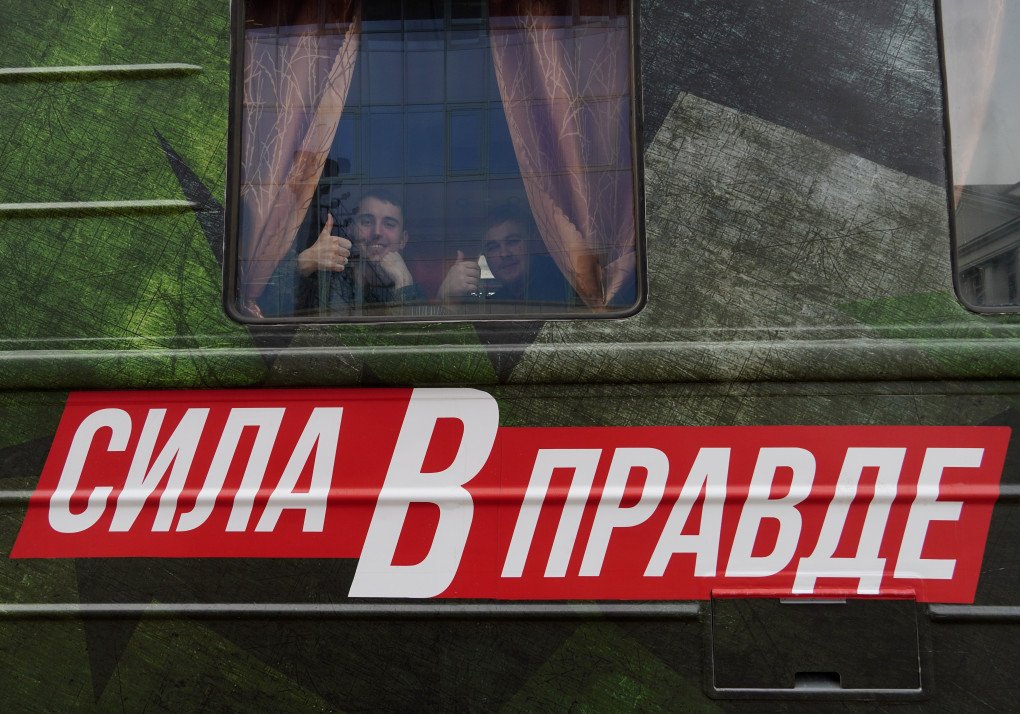 A view of the train, named 'Strength Lies in Truth' by the Russian Ministry of Defense to combat disinformation, as it reaches the city of Rostov-on-Don, Russia on March 3, 2024. (Photo by Vladimir Aleksandrov via Getty Images) A view of the train, named 'Strength Lies in Truth' by the Russian Ministry of Defense to combat disinformation, as it reaches the city of Rostov-on-Don, Russia on March 3, 2024. (Photo by Vladimir Aleksandrov via Getty Images)
