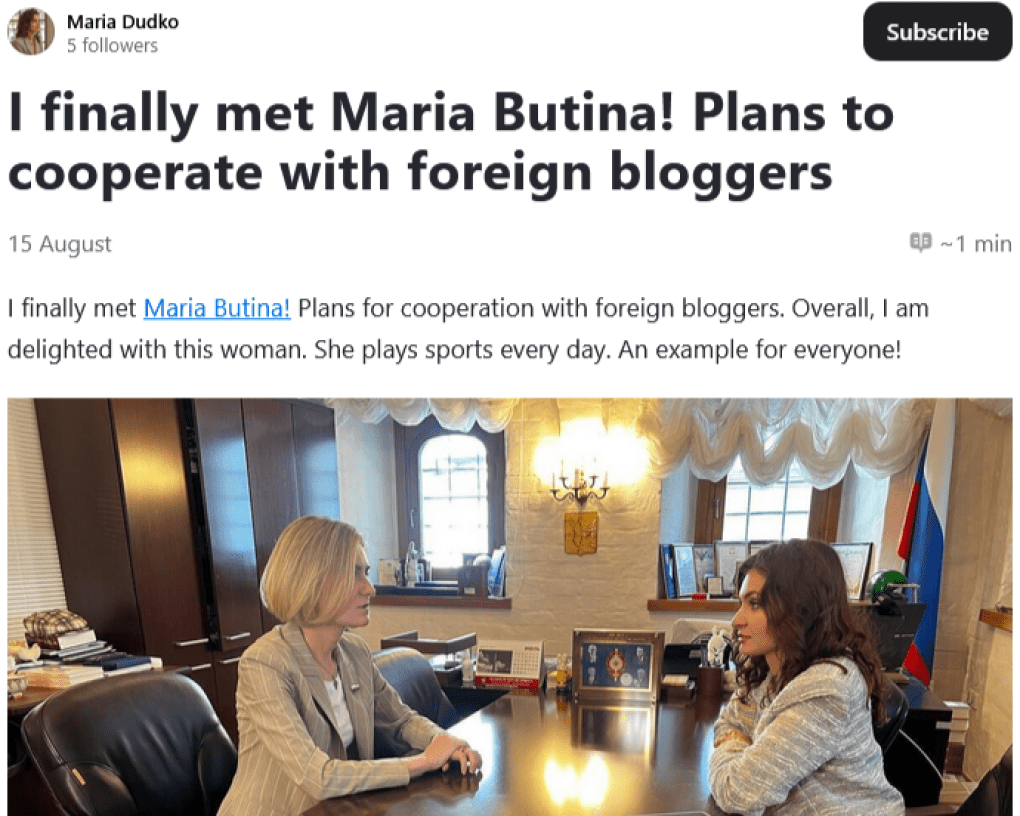 Publicación en redes sociales de María Dudko en la que confirma su colaboración con el diputado de la Duma Estatal Dmitri Kuznetsov (Fuente: María Dudko)