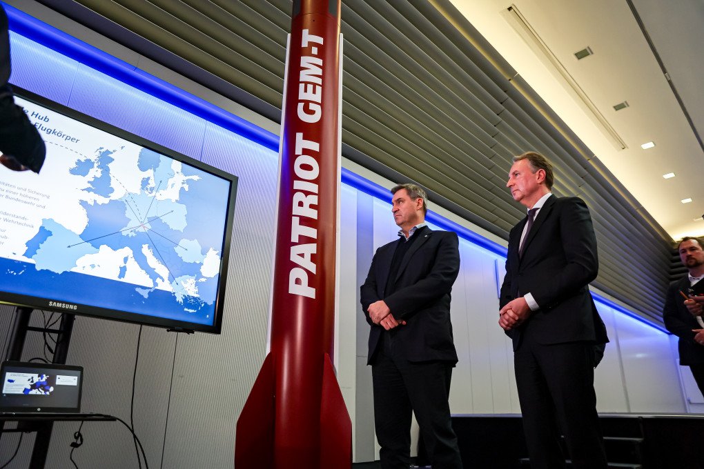 Bavarian Premier Markus Soeder (C) looks at a Patriot Gem-T display while visiting a production facility of MBDA Deutschland on March 5, 2024 in Schrobenhausen, Germany. (Photo by Leonhard Simon via Getty Images) Bavarian Premier Markus Soeder (C) looks at a Patriot Gem-T display while visiting a production facility of MBDA Deutschland on March 5, 2024 in Schrobenhausen, Germany. (Photo by Leonhard Simon via Getty Images)