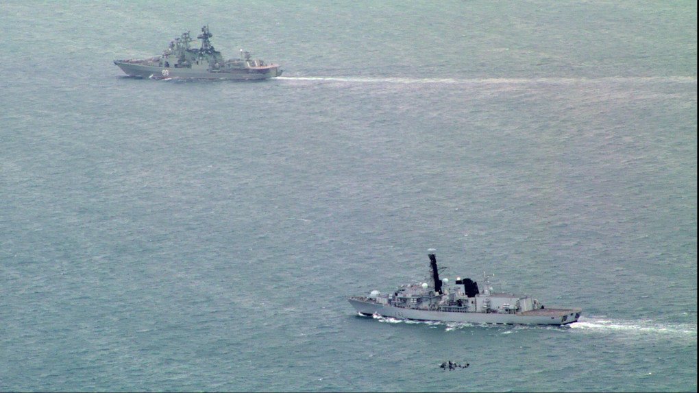HMS Somerset seen near the Russian destroyer Severomorsk in the English Channel, March 18, 2025. (Source: UKForcesTracker/X) HMS Somerset seen near the Russian destroyer Severomorsk in the English Channel, March 18, 2025. (Source: UKForcesTracker/X)