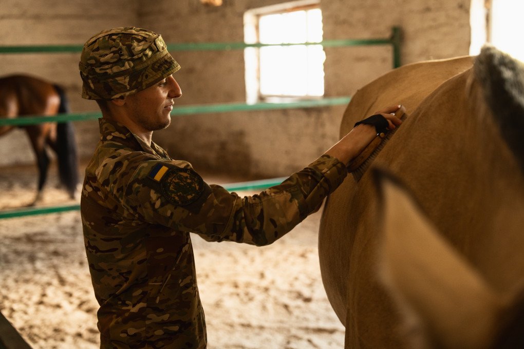 Anubis, a service member with the Rubizh Brigade, grooms his horse inside the stables, building mutual trust. September 2026, Kyiv region. (Photo by Nika Lastvika/EquiReHab Ukraine) Anubis, a service member with the Rubizh Brigade, grooms his horse inside the stables, building mutual trust. September 2026, Kyiv region. (Photo by Nika Lastvika/EquiReHab Ukraine)