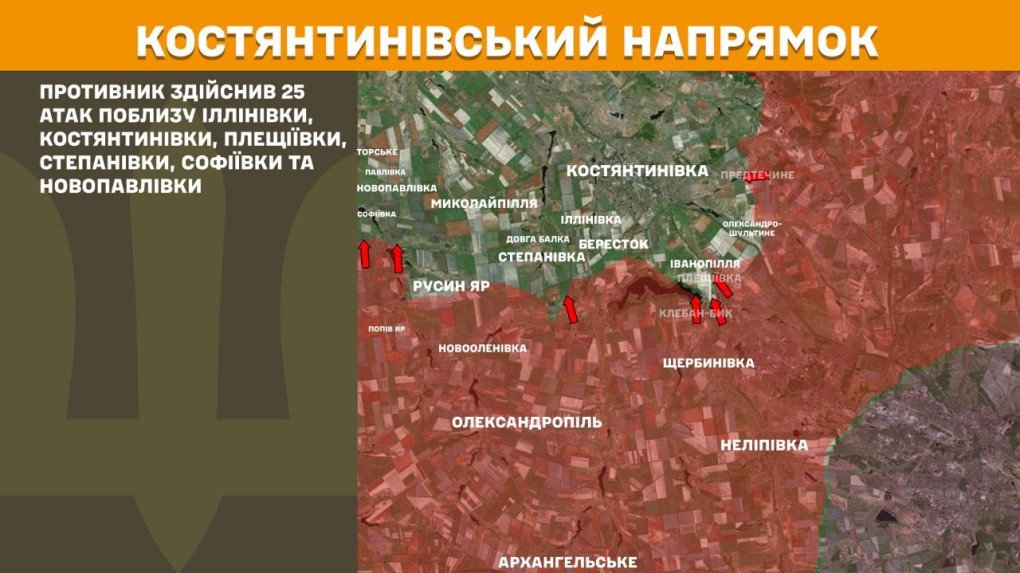 Mapa del frente de Kostyantynivka con múltiples flechas rojas mostrando asaltos rusos en varios puntos al sur y oeste de la ciudad.