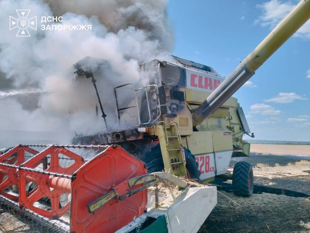 Smoke rises from a combine harvester struck by a Russian drone while operating in a field in the Zaporizhzhia region, August 15, 2026. (Source: SES of Ukraine) Smoke rises from a combine harvester struck by a Russian drone while operating in a field in the Zaporizhzhia region, August 15, 2026. (Source: SES of Ukraine)