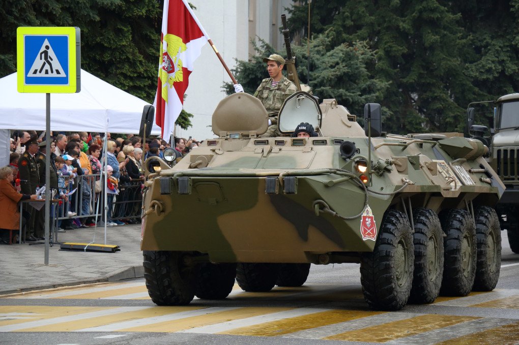 Pyatigorsk, Russia – May 9, 2018: Russian BTR-80 wheeled amphibious armoured personnel carrier at the military parade in Pyatigorsk, Russia, May 9, 2018. (Source: Getty Images)