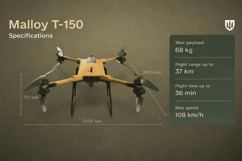 Infograph that shows key specifications of the Malloy T-150 octocopter. (Source: Ministry of Defense of Ukraine) Infograph that shows key specifications of the Malloy T-150 octocopter. (Source: Ministry of Defense of Ukraine)