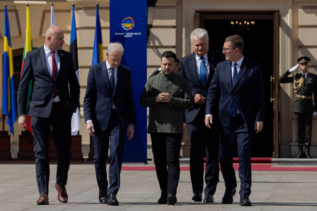 Latvia's Prime Minister Andris Kulbergs (L), Norway's Prime Minister Jonas Gahr Store, Ukraine's President Volodymyr Zelenskyy, Finland's President Alexander Stubb, Lithuania's President Gitanas Nauseda and Estonia's Prime Minister Kristen Michal walk together during Nordic-Baltic Eight summit in Kyiv on August 23, 2026, amid Russia's invasion of Ukraine. (Photo by Tetiana Dzafarova via Getty Images)
