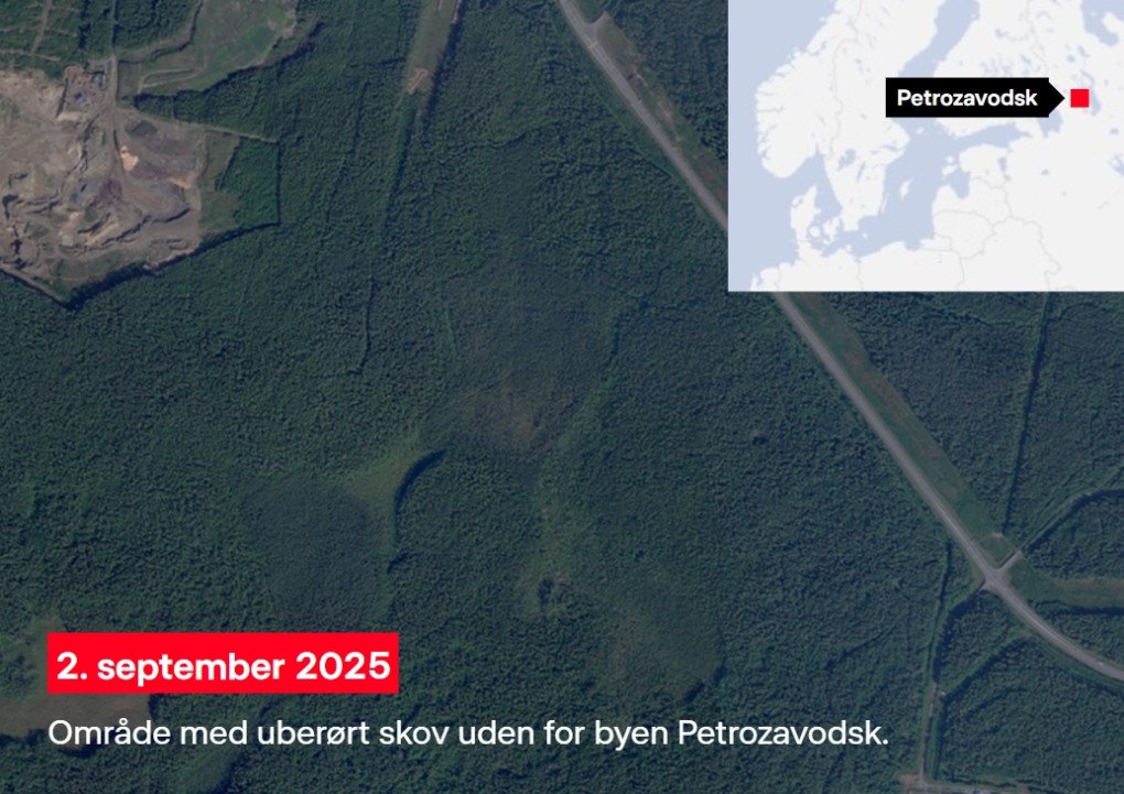 September 2025 satellite image showing undeveloped forested land near Petrozavodsk, Russia, before construction of a new military facility. (Source: DR)