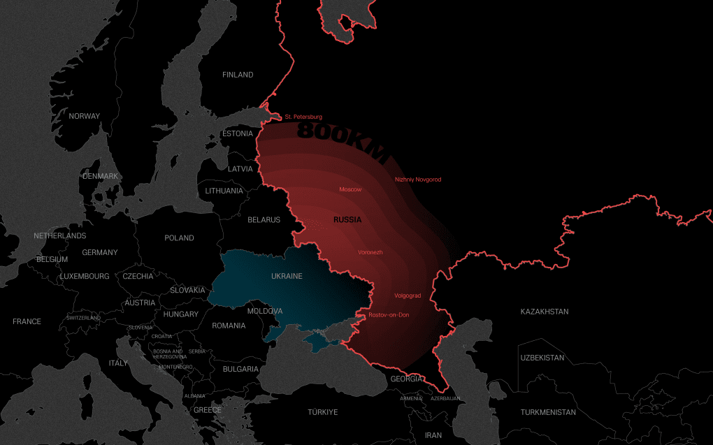 Map illustrating the estimated 800 km strike range of Ukraine’s FP-9 ballistic missile from Ukrainian territory into Russia. (Source: Oleksandr Manukians / UNITED24 Media) Map illustrating the estimated 800 km strike range of Ukraine’s FP-9 ballistic missile from Ukrainian territory into Russia. (Source: Oleksandr Manukians / UNITED24 Media)