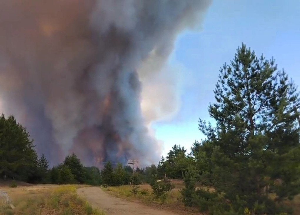 Thick smoke rises from a forested area in the Chornobyl exclusion zone as emergency crews battle multiple fires triggered by fallen Russian drones. (Source: SAEZ)