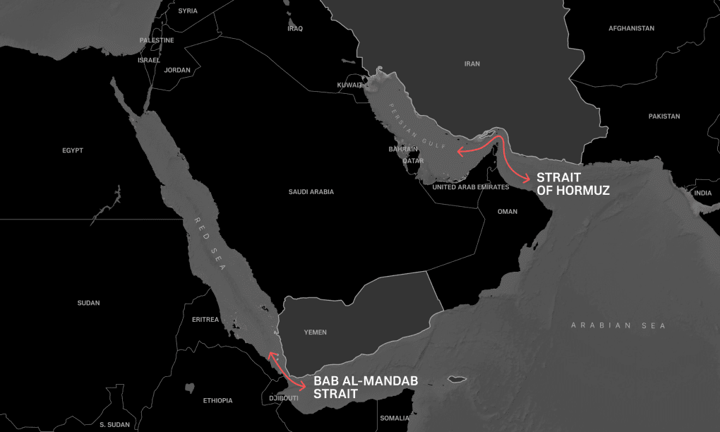 Map of the Houthi-controlled Bab-Al Mandab Strait and the Iran-controlled Strait of Hormuz. (Source: UNITED24 Media)