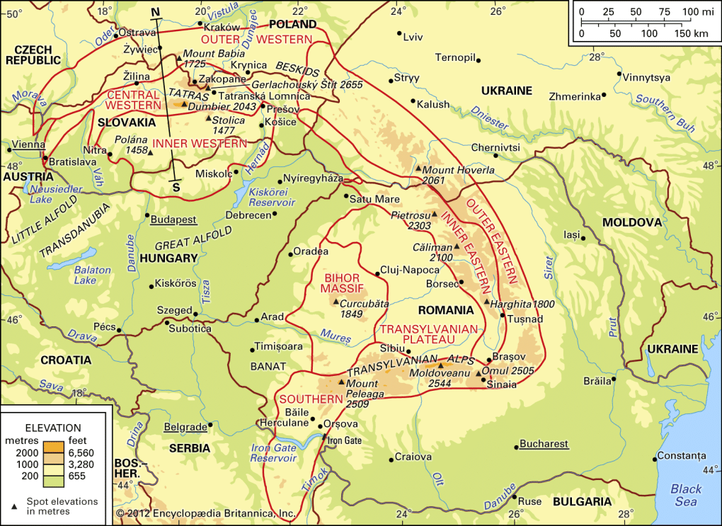 A map displaying the extent of the Carpathian Mountains, and the countries in which sections of the mountain range can be found. 